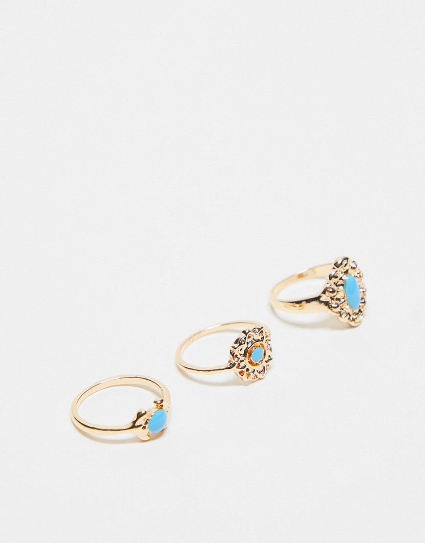 3 pack of rings with turquoise stone in gold