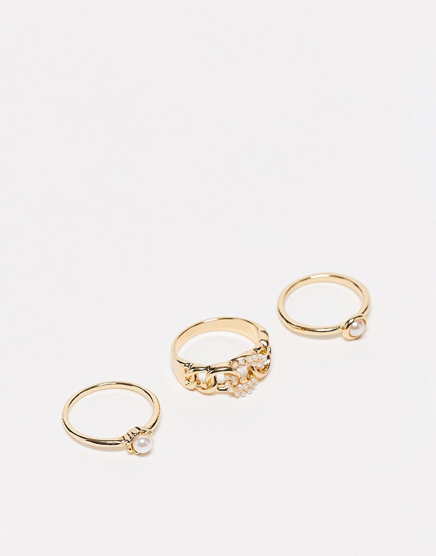 DesignB London 3-pack pearl rings in gold