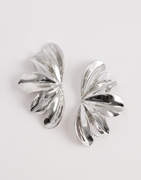 DesignB London 3D flower stud earrings in silver - view 1