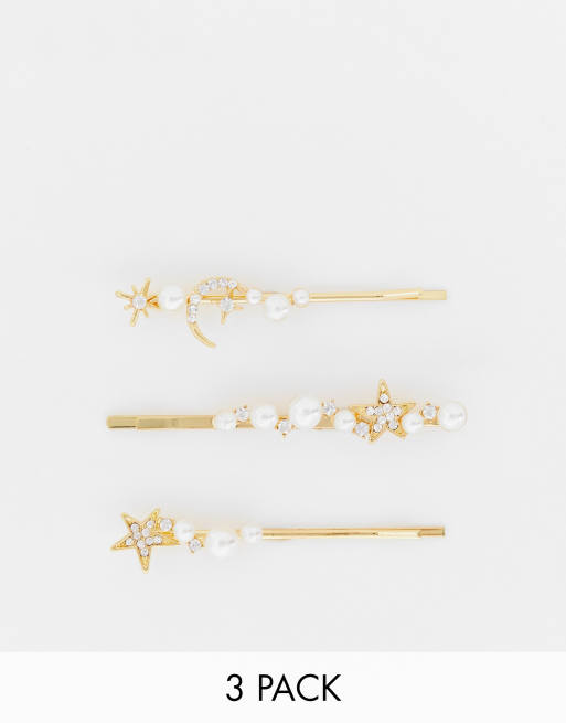 DesignB London – 3er-Pack goldfarbene Haarspangen mit Perlen- und Himmelskörper-Design