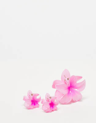 DesignB London - 3er-Pack Haarclips in Rosa mit Hawaii-Blumendesign