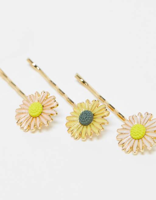 DesignB London – 3er-Pack mehrfarbige Haarspangen mit Gänseblümchen-Design, 2 von 4
