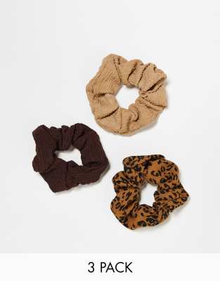 DesignB London - 3er-Pack plissierte Scrunchie-Haargummis in neutralen Tönen und mit Zebramuster-Bunt