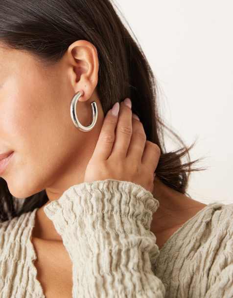 DesignB London 40mm chunky hoop earrings in silver - view 1