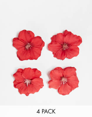 DesignB London - 4er-Pack Blumen-Haarspangen in Rot