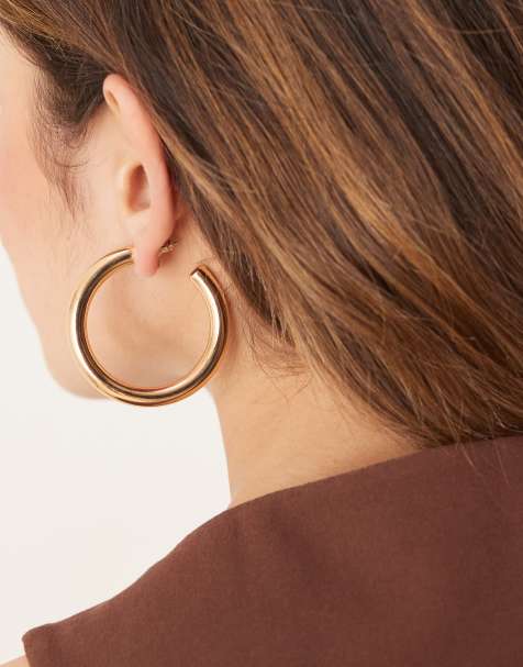 DesignB London 50mm chunky tube hoop earrings in gold - view 1