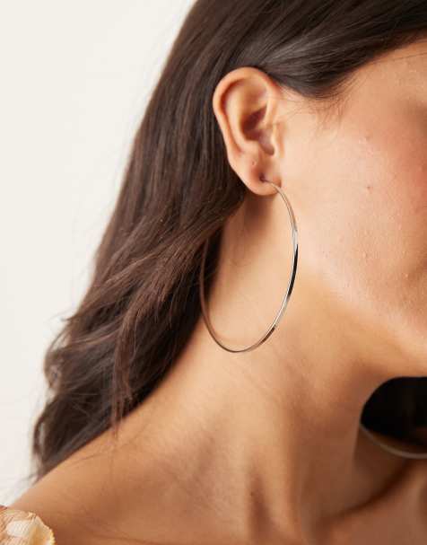 DesignB London 75mm large thin hoop earrings in silver - view 1