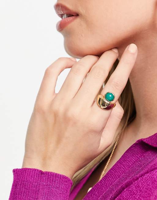 DesignB London - Anello a mezzaluna color oro con pietra verde-azzurra