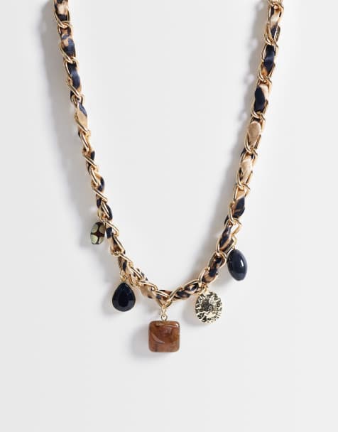 DesignB London animal print fabric chain necklace with multi-charms in gold - view 1