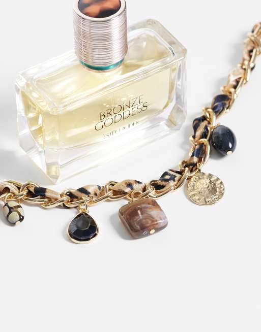 DesignB London animal print fabric chain necklace with multi-charms in gold, 2 of 4