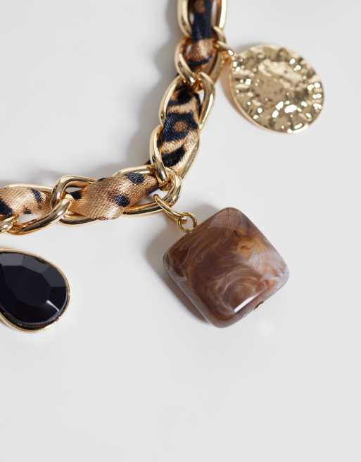 DesignB London animal print fabric chain necklace with multi-charms in gold, 4 of 4