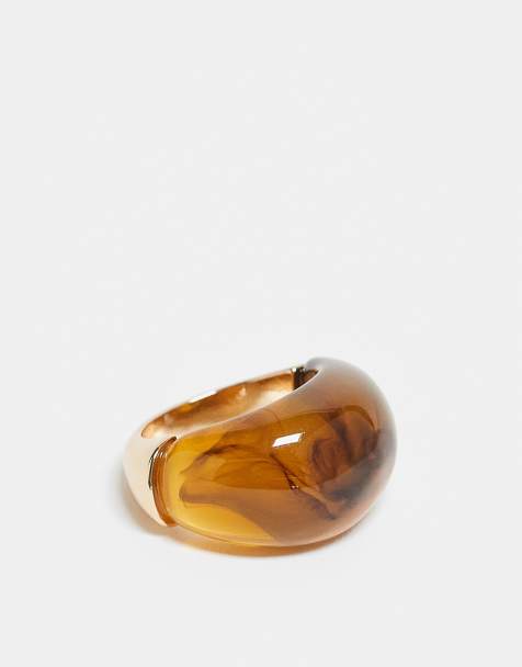 DesignB London - Bague chunky en résine effet fondu - Doré et marron foncé - view 1