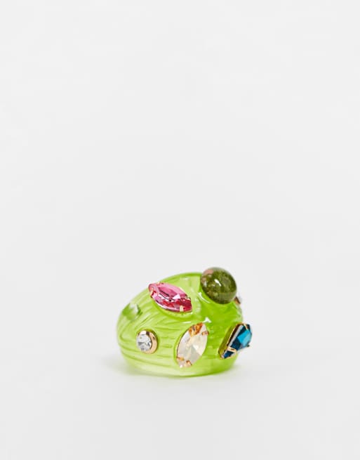 DesignB London - Bague en résine rainurée ornée de cristaux - Vert citron