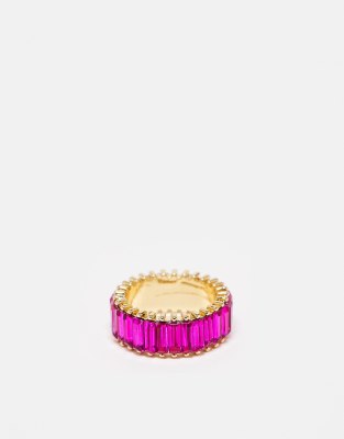 DesignB London baguette ring with crystal stones in pink | ASOS