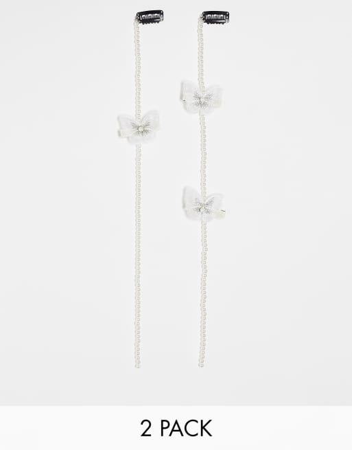 DesignB London - Barrettes à cheveux avec rivière de perles et 3 papillons - Lot de 2 