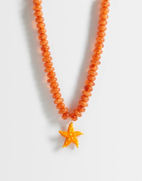 DesignB London beaded starfish charm necklace in orange - view 1