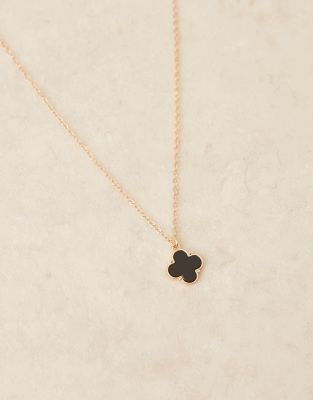 Designb London Black Stone Clover Pendant Necklace In Gold