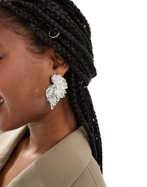 DesignB London - Boucles d'oreilles feuilles texturées - Argenté  