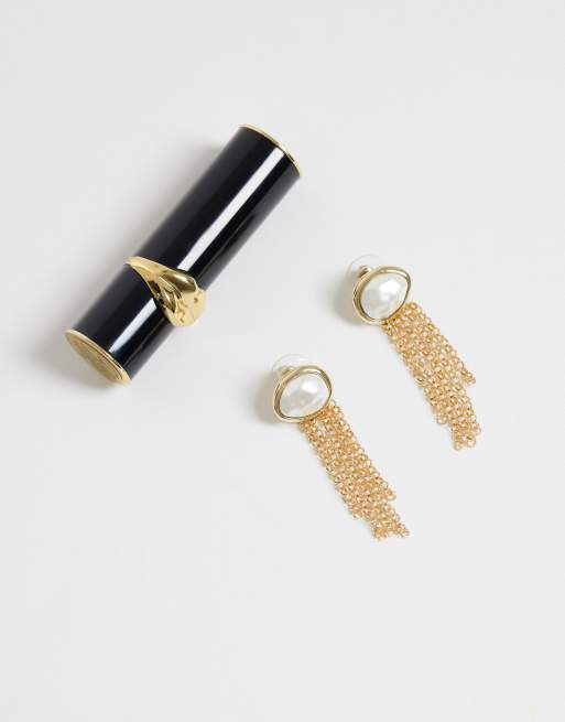 DesignB London boucles d'oreilles pendantes à chaîne et perle dorées, 5 de 5