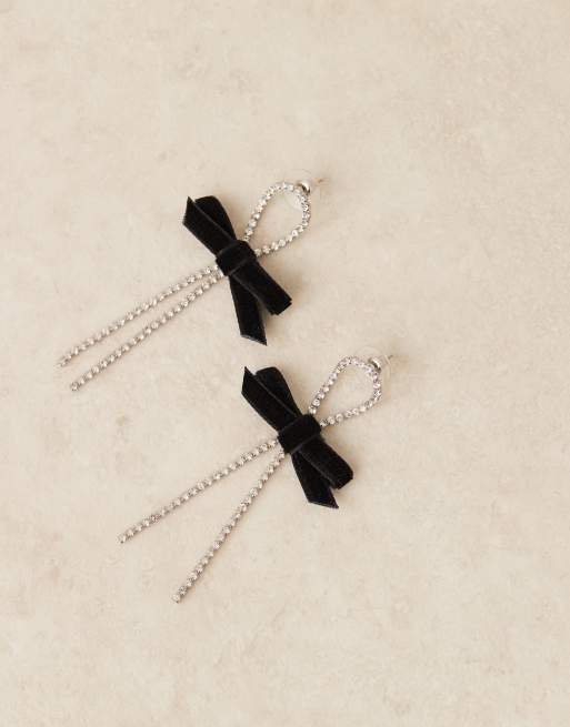 DesignB London - Boucles d'oreilles pendantes à strass et nœud en velours - Argenté, 3 de 4