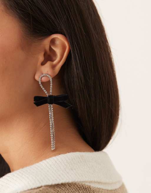 DesignB London - Boucles d'oreilles pendantes à strass et nœud en velours - Argenté, 4 de 4