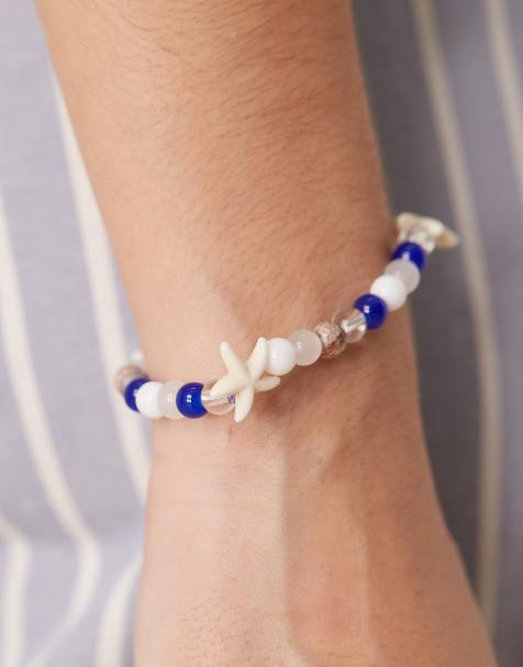 DesignB London - Bracciale color crema e blu con perline e charm a forma di stella marina - view 1