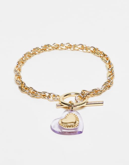 DesignB London - Bracciale color oro con ciondolo a cuore e chiusura a T 