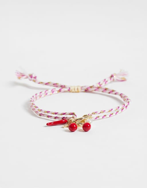 DesignB London - Bracelet cordon coulissant à breloques multiples - Rouge et doré