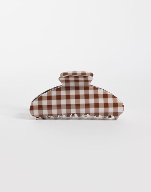 DesignB London – Brązowa klamra do włosów w kratkę vichy, 3 z 3