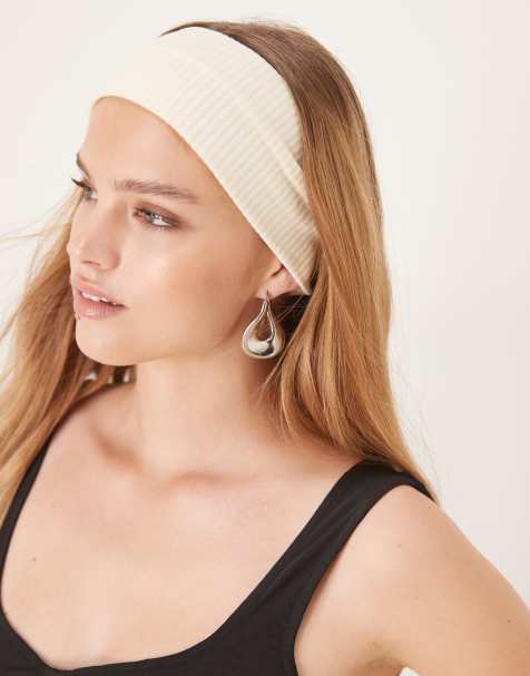 DesignB London – Breites Haarband aus geripptem Jersey in Creme - view 1