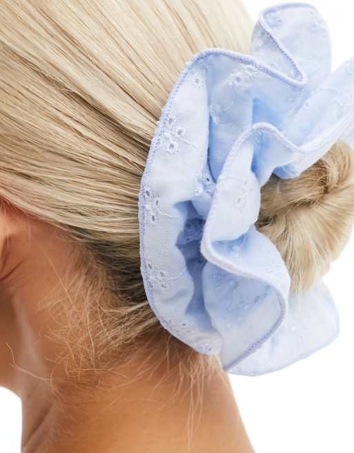 DesignB London broderie hair scrunchie in pale blue , 3 of 4