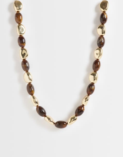 DesignB London brown resin and gold beaded necklace in gold - view 1