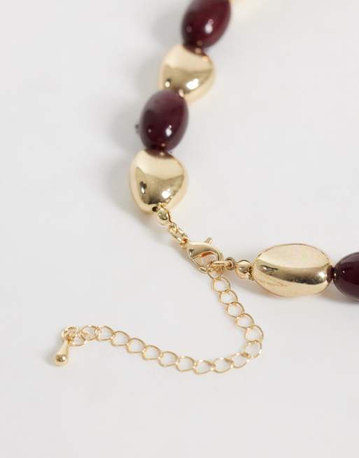 DesignB London burgundy resin and gold beaded necklace, 3 of 4