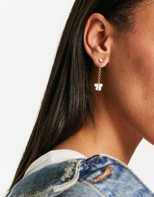 DesignB London butterfly drop earrings in gold 