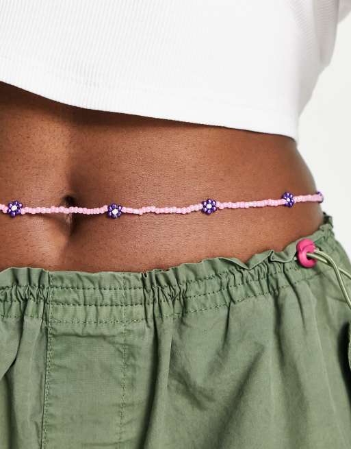 DesignB London - Catenina per pancia rosa con fiori e perline  , 3 di 4