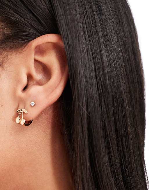 DesignB London cherry huggie hoop earrings in gold , 2 of 4
