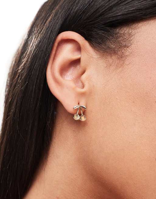 DesignB London cherry huggie hoop earrings in gold , 3 of 4