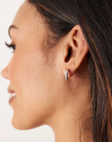 DesignB London chunky hoop earrings in silver - view 1