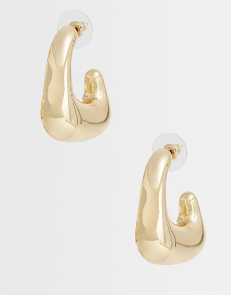 DesignB London chunky irregular hoop earrings in gold - view 1