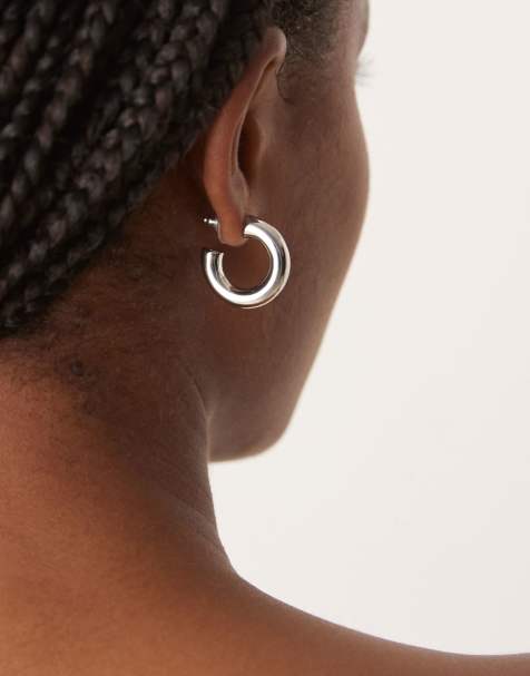 DesignB London chunky medium hoop earrings in silver - view 1