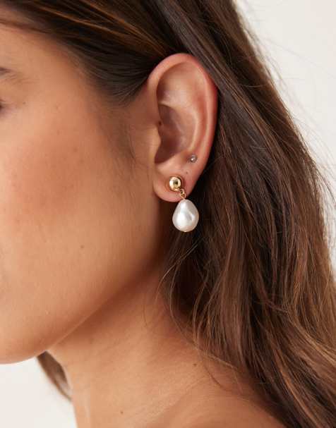DesignB London classic stud and pearl drop earrings in gold - view 1