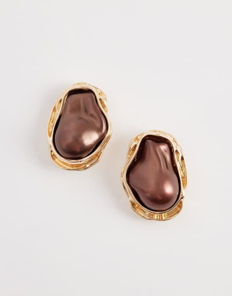 DesignB London claw set pearl stud earrings in dark brown - view 1