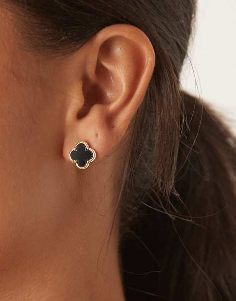 DesignB London clover stud earrings in black and gold - view 1