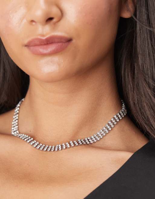 DesignB London - Collana a cascata color argento con strass