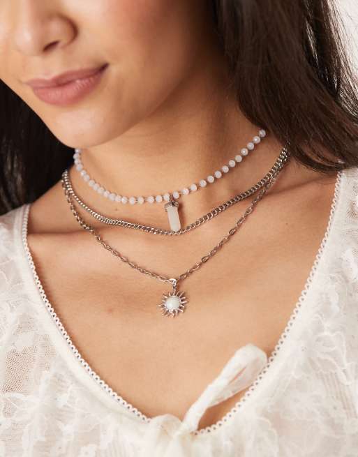 DesignB London - Collana bohémien multistrato color argento con ciondoli