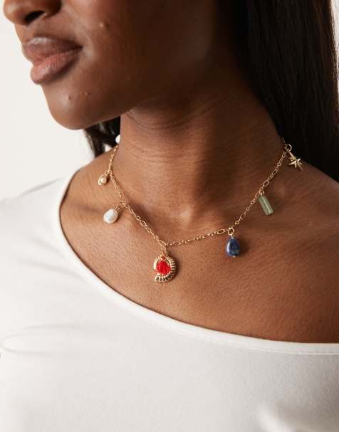 DesignB London - Collana color oro con ciondoli a conchiglie e in pietra naturale - view 1