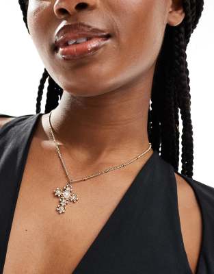 DesignB London - Collana color oro con croce con perla 