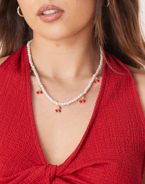 DesignB London - Collana con perle bianche e charms a forma di ciliegie - view 1
