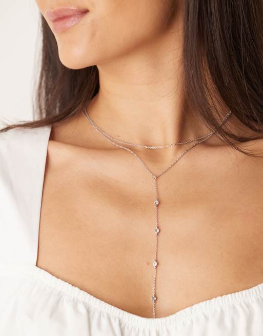 DesignB London - Collana sottile color argento a cravattino con cristalli