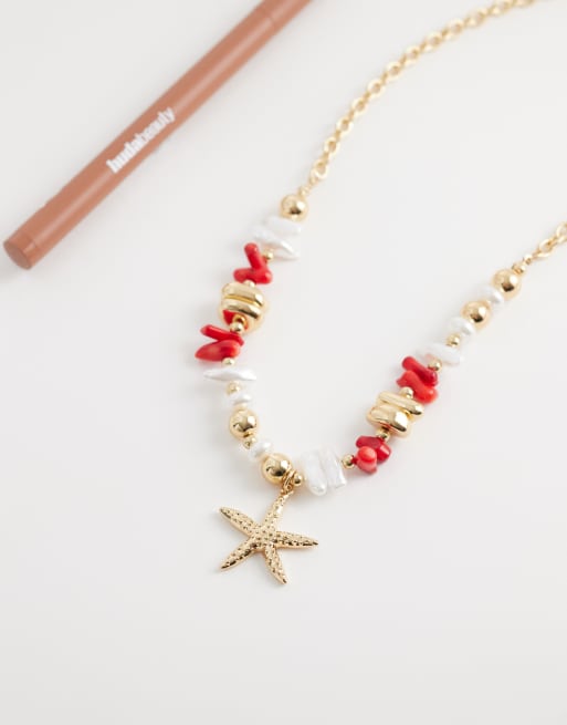 DesignB London - Collier de perles avec pendentif étoile de mer - Rouge corail et doré, 2 de 4